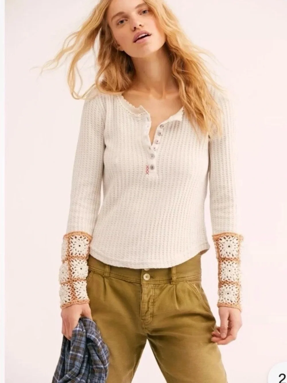 ✨🤍 NWT Free People Mistletoe Waffle Thermal Crochet Cuff Top S 🤍✨